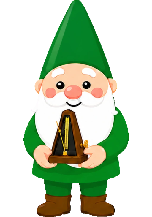 A gnome holding a wind-up metronome in both hands