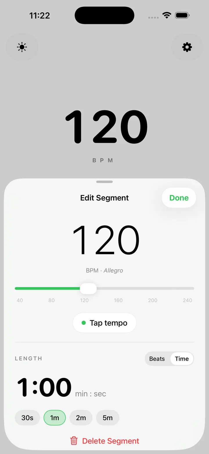 Edit segment screen with a BPM slider, tap tempo, and length by beats or time
