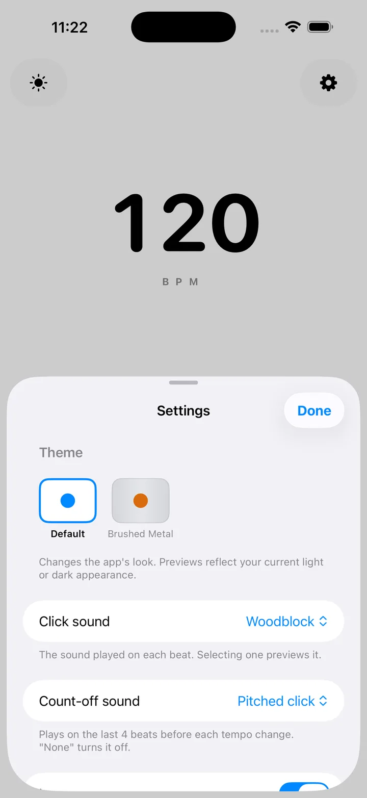 Settings panel showing click sound and count-off options